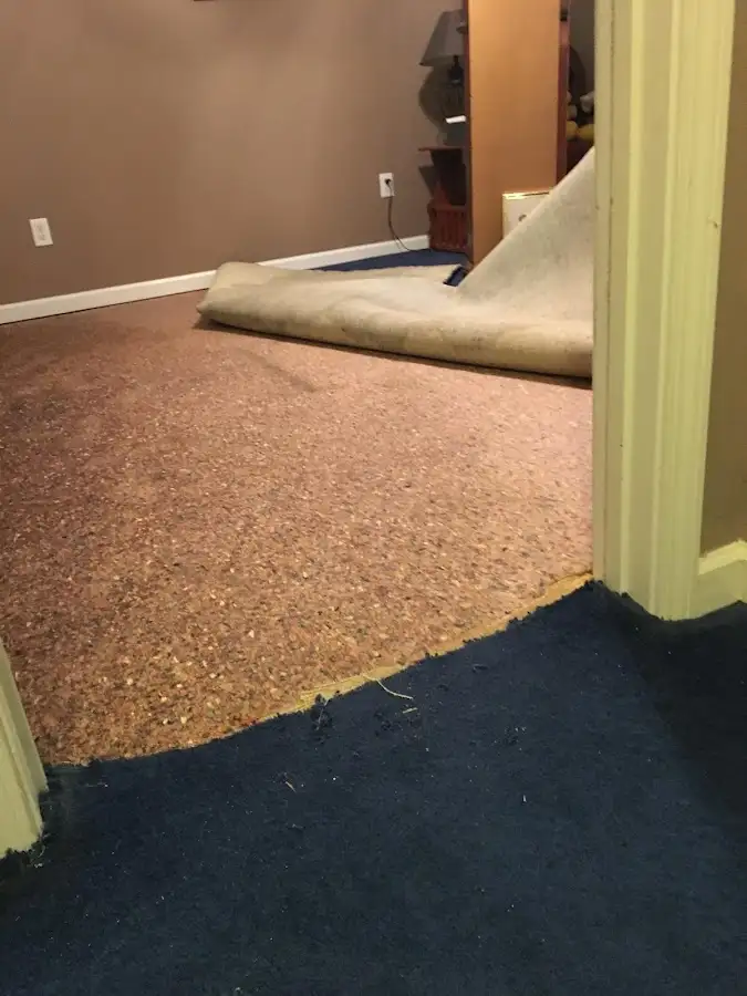 Carpet pad removal revealing water damage during Drying & Dehumidification in Marinette